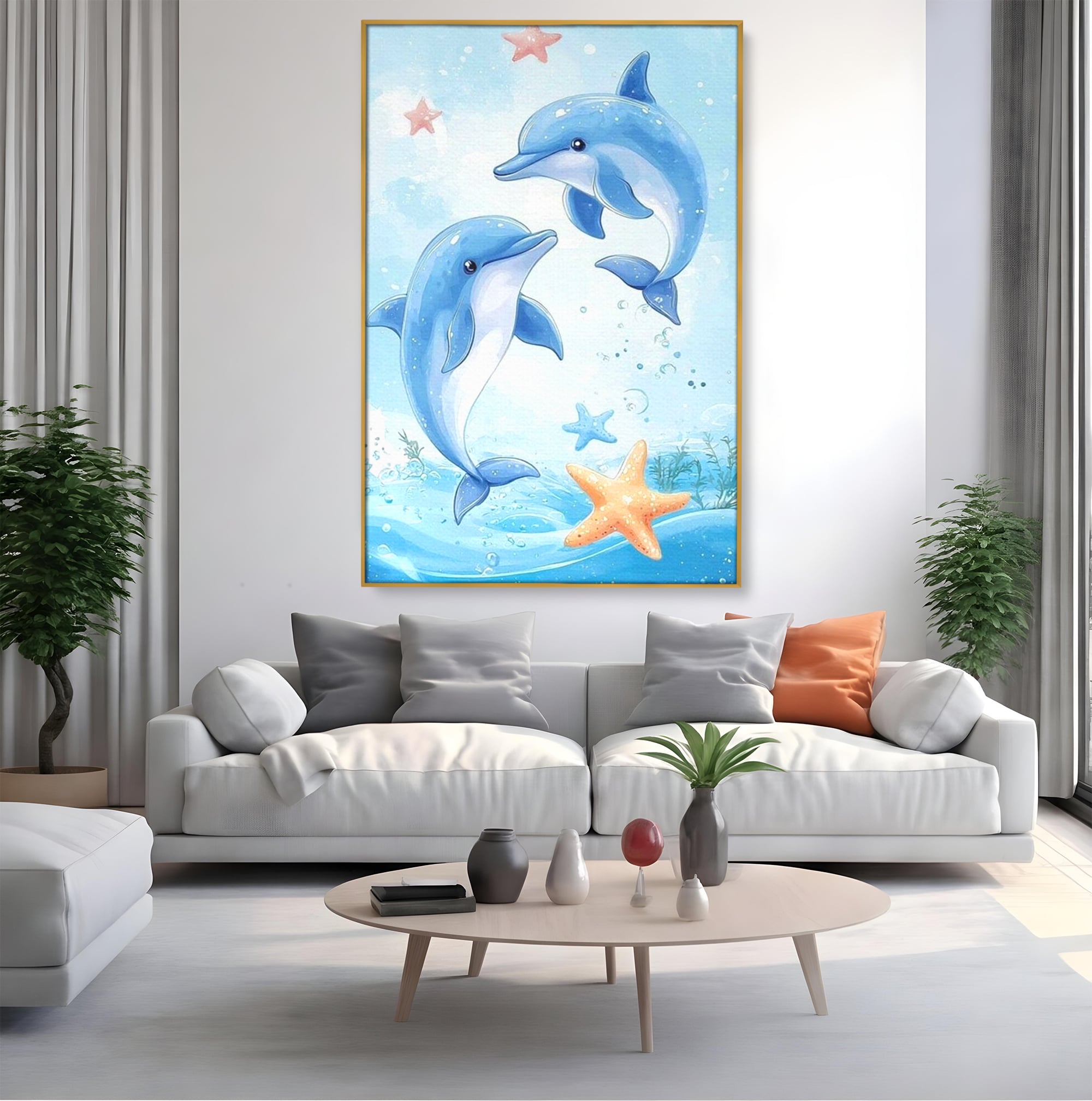Tablou canvas cu ilustratie cu doi delfini jucausi, in rama de aluminiu auriu, pe perete intr-un living